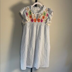 EUC THML Dress White Blue Gingham Check Floral Embroidered Mini Tunic Small